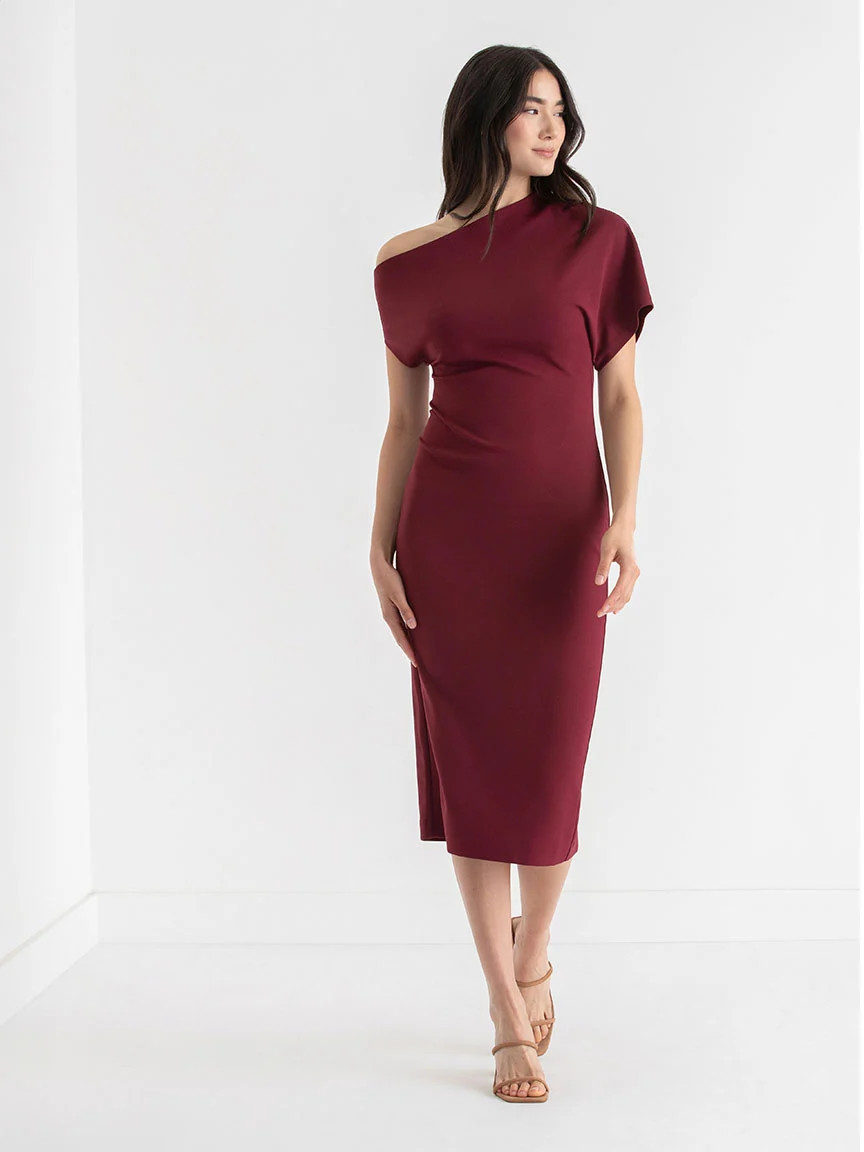 Asymmetrical Sleeve Midi Dress in Iconic Crepe | Rickis | Ricki's