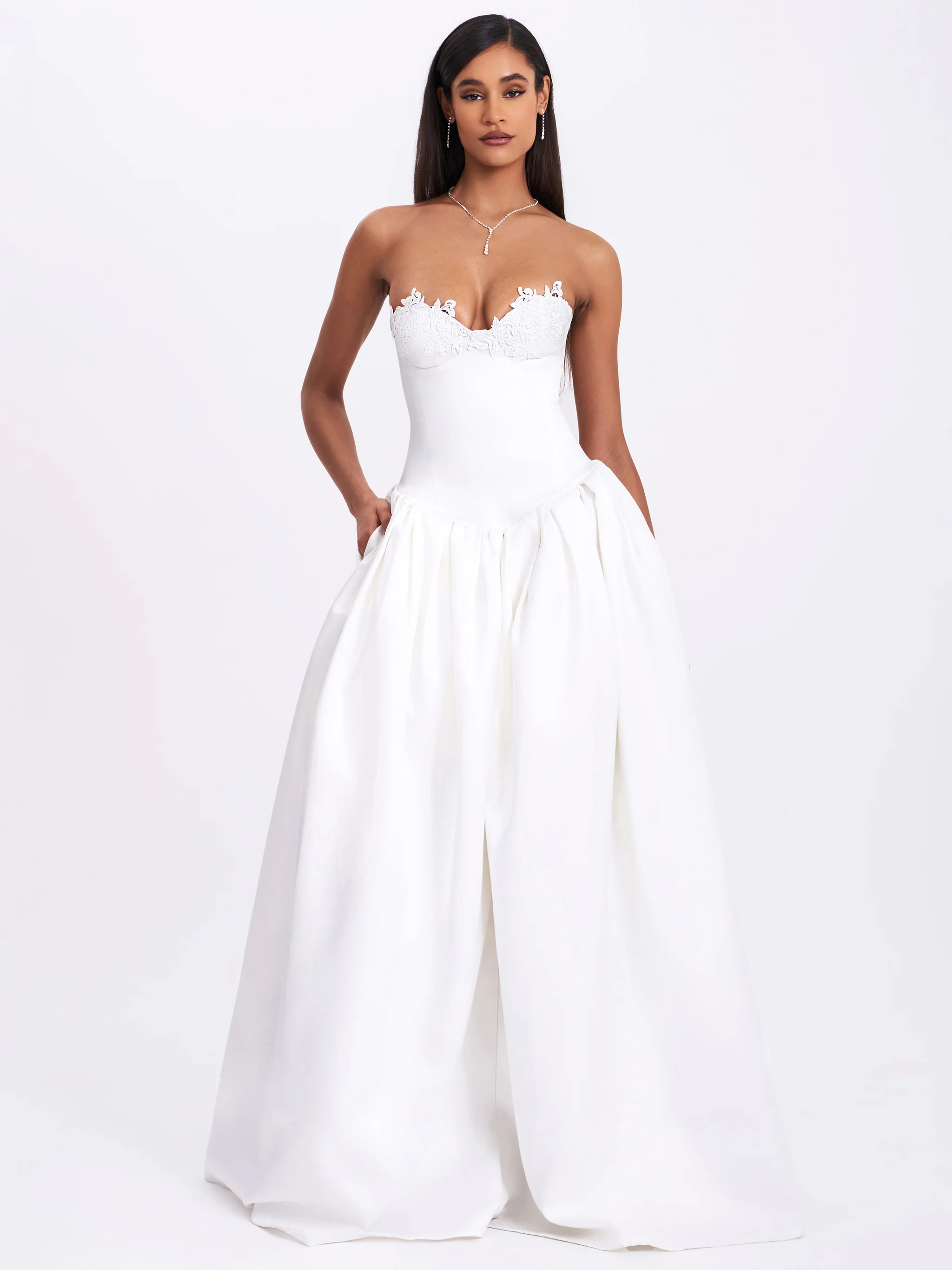 Naila Lace Trim Strapless Drop Waist Wedding Gown | Miss Circle
