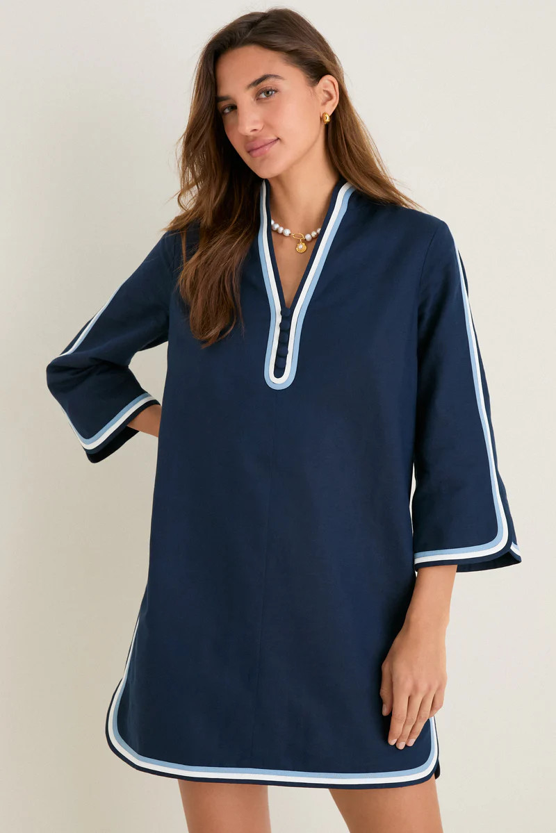 Navy Cotton Linen Contrast Trim Sabine Tunic Dress | Tuckernuck (US)