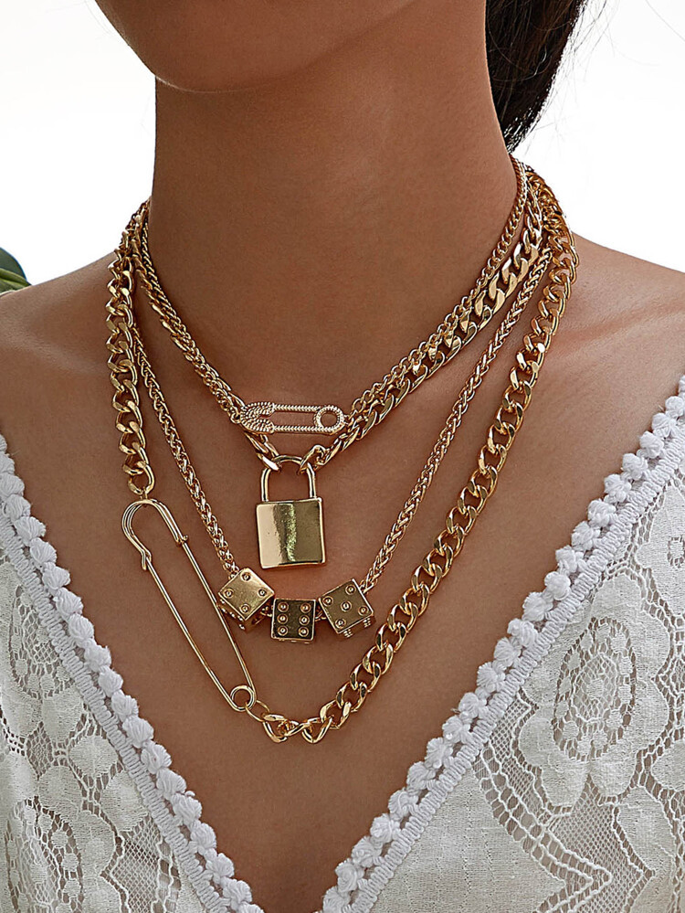 Lock & Safety Pin Decor Layered Necklace 1pc | SHEIN