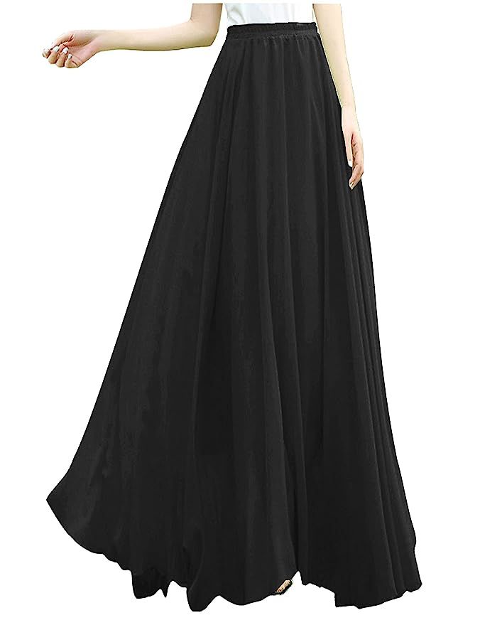 v28 Women Ladies Full/Ankle Length Elastic Retro Maxi Chiffon Long Skirt | Amazon (US)