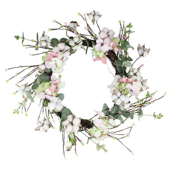 Northlight Cotton and Hydrangea Twig Spring Floral Wreath, White and Green 18-Inch | Target