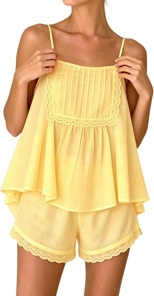 Womens Summer 2 Piece Set Sleeveless Tie Straps Ruffle Trim Top and Shorts Sets Soft Cozy Pajamas... | Amazon (US)