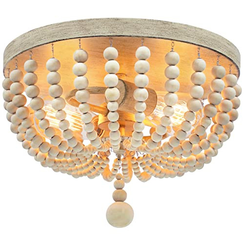 Farmhouse Wood Beaded Chandelier, Bohemia Ceiling Lamp, Rustic 2-Light Pendant Light Fixture, Semi-F | Amazon (US)