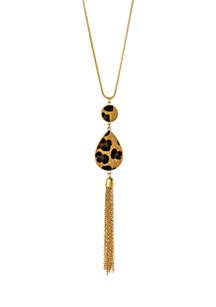 Gold Tone Leopard Print Double Teardrop Necklace with Chain Tassel | Belk