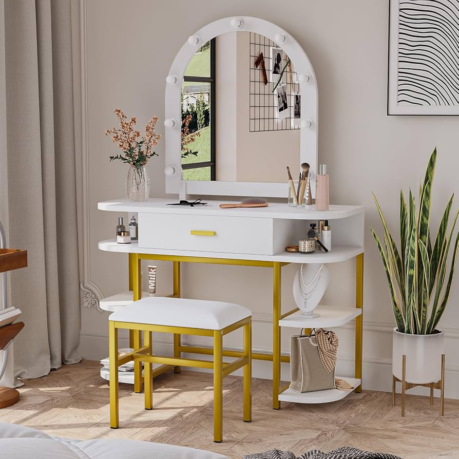Semiocthome White Vanity Mirror with Lights and Table Set with Drawers, 9 LED Lights Makeup Vanit... | Amazon (US)