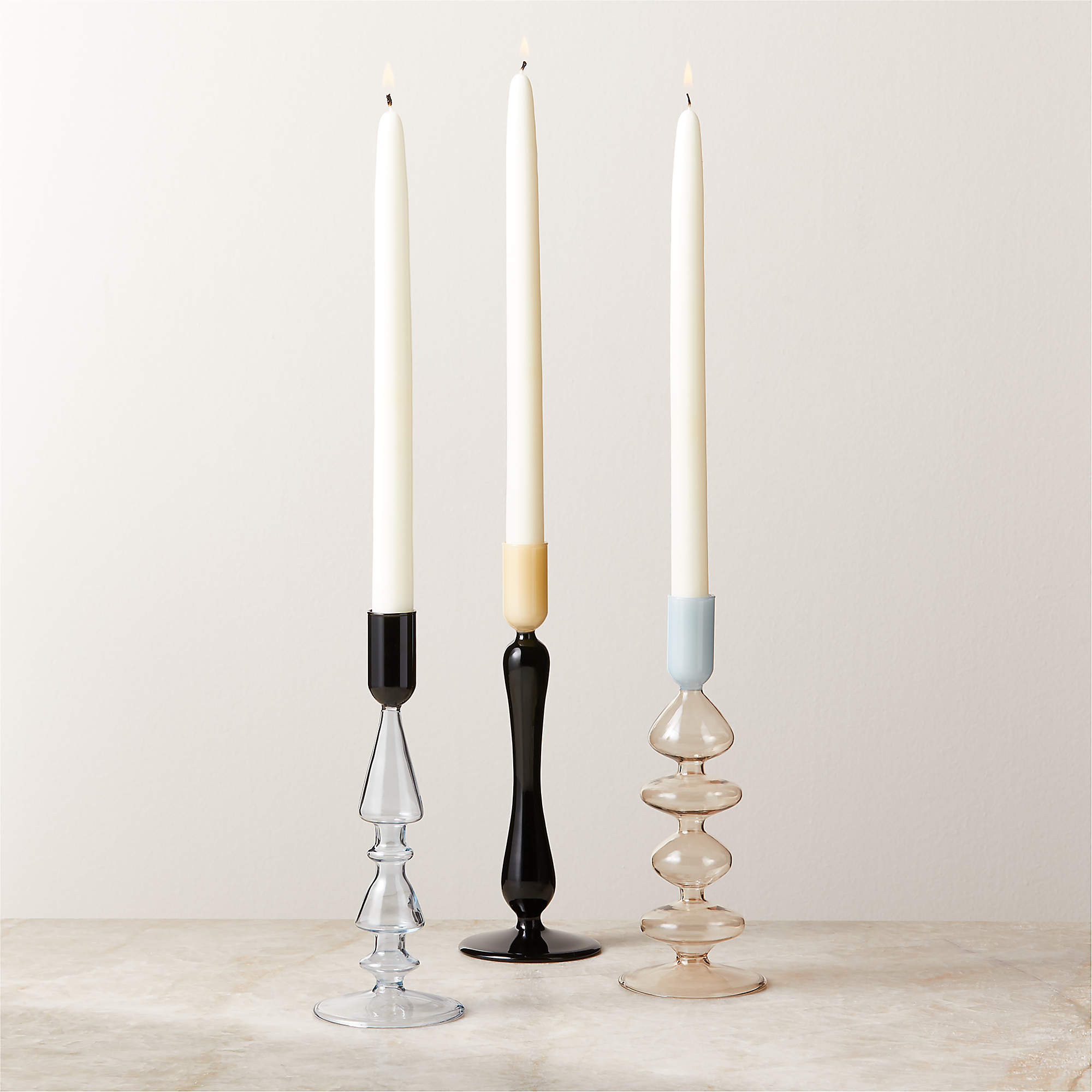 Kava Cool Toned Glass Taper Candle Holder Set of 3 + Reviews | CB2 | CB2