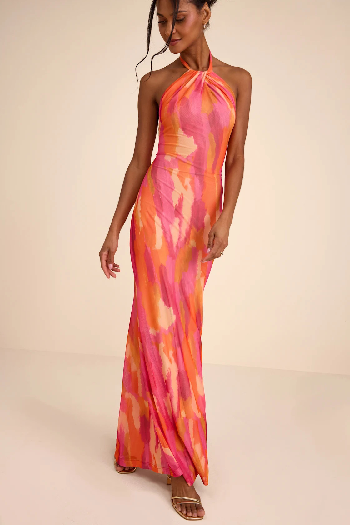 Adriel Orange Multi Abstract Mesh Halter Mermaid Maxi Dress | Lulus