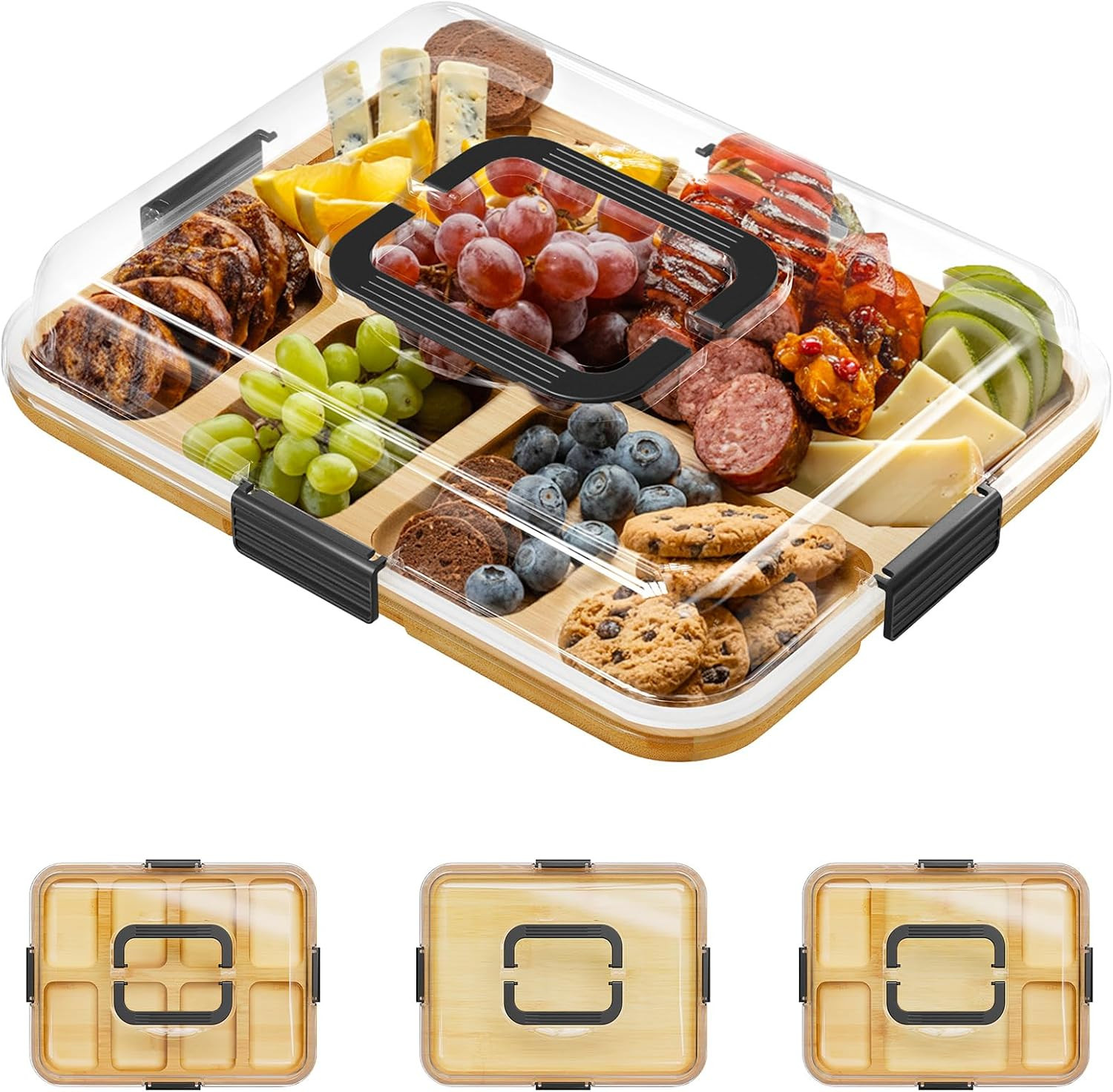 SpaceAid Charcuterie Board with Clear Lid, Portable Travel Cheese Cutting Boards for Picnic Accessories, Bamboo Serving Tray with Lids, House Warming Gifts, Black Handles, 8 Compartments | Amazon (US)
