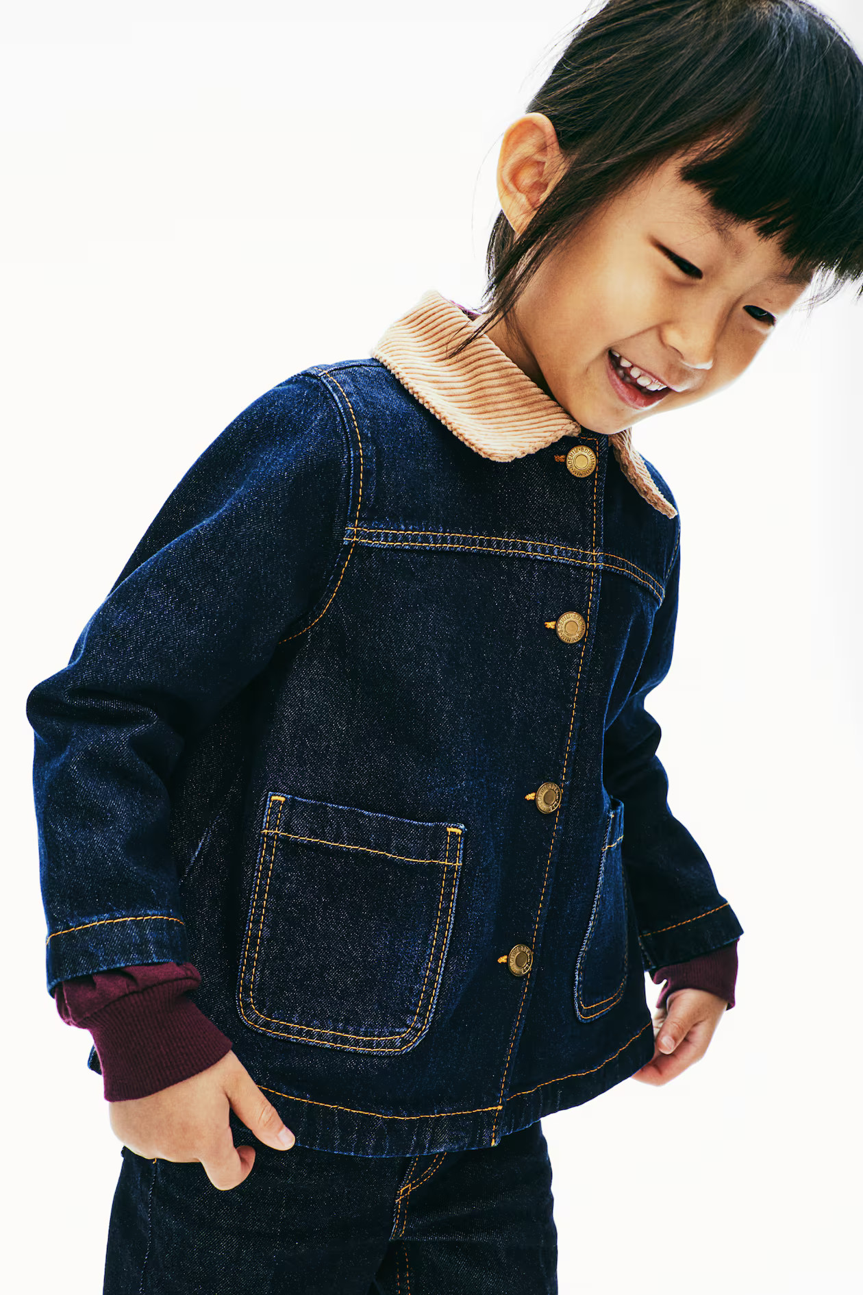 Denim Jacket with Corduroy Collar - Round Neck - Long sleeve - Dark denim blue - Kids | H&M US | H&M (US + CA)