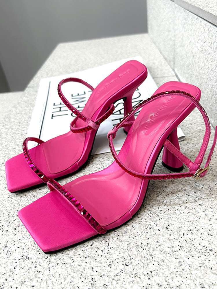 Women Rhinestone Decor Sculptural Heeled Ankle Strap Sandals, Glamorous Party Heeled Sandals | SHEIN