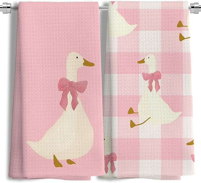 Coquette Pink Bow Plaid Goose Kitchen Towels Set of 2, Preppy Pink Checkered Dish Tea Towels for ... | Amazon (US)
