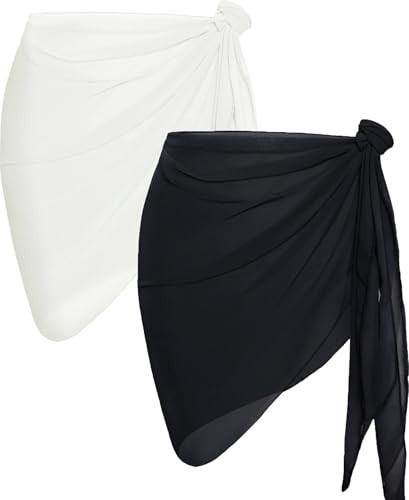 2 Pieces Women Beach Sarong Bathing Suit Wrap Skirt Sheer Bikini Swimsuit Cover Ups for Swimwear (White and Black) | Amazon (US)