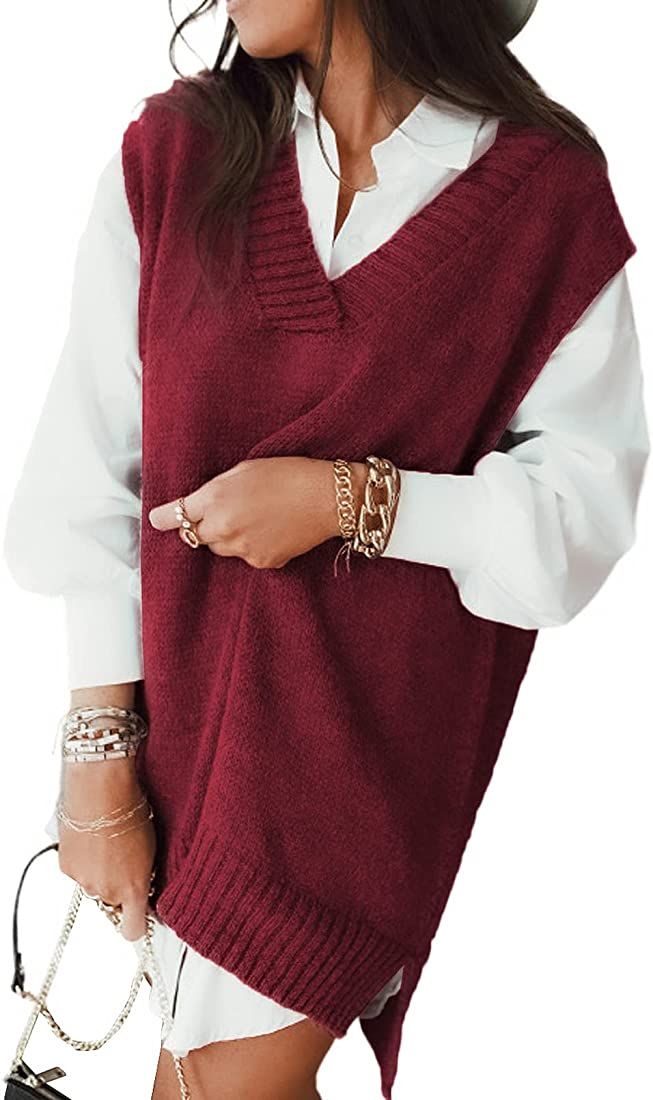 HOTAPEI Plus Size Sweater Vest Women V Neck Sleeveless Red Knit Sweaters Womens Fall Solid Color ... | Amazon (US)