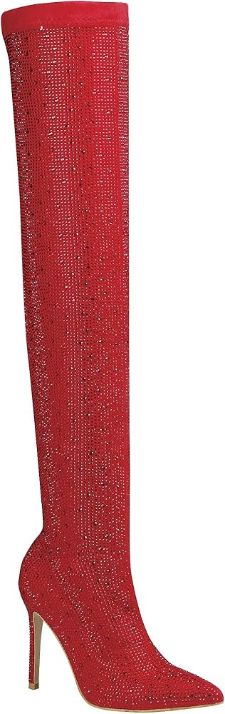 Women's Rhinestone Stretchy Thigh High Boots Pointy Toe Stiletto Heel Booties Over The Knee High ... | Amazon (US)