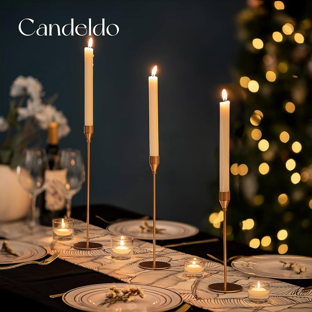 Gold Taper Candle Holders: Set of 3 Tall Candlestick Holder for Table Centerpiece Metal Brass Can... | Amazon (US)