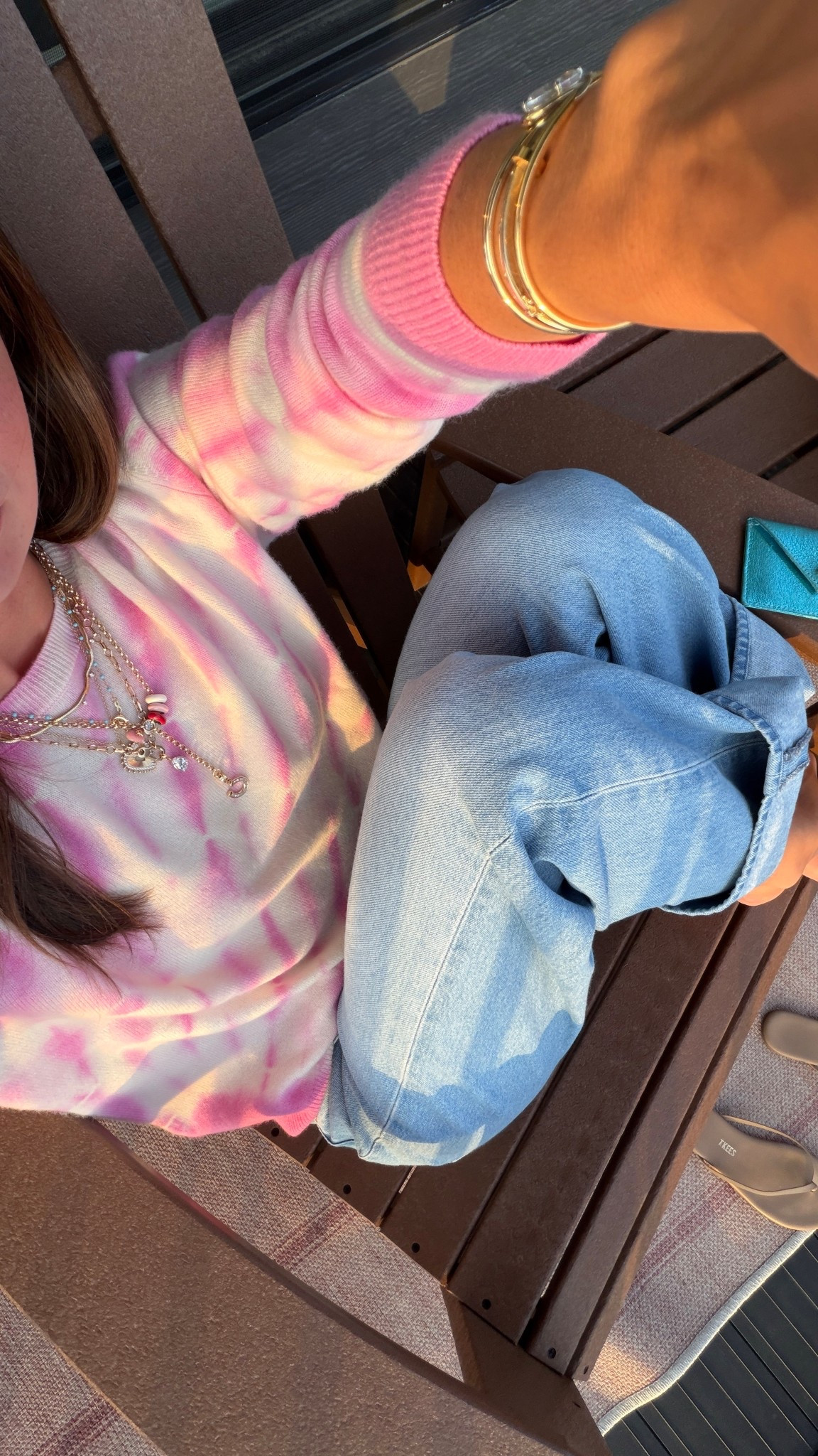 Small in sweater!!! Had been eyeing forever and now it’s half off! 24 petite in Mother jeans!