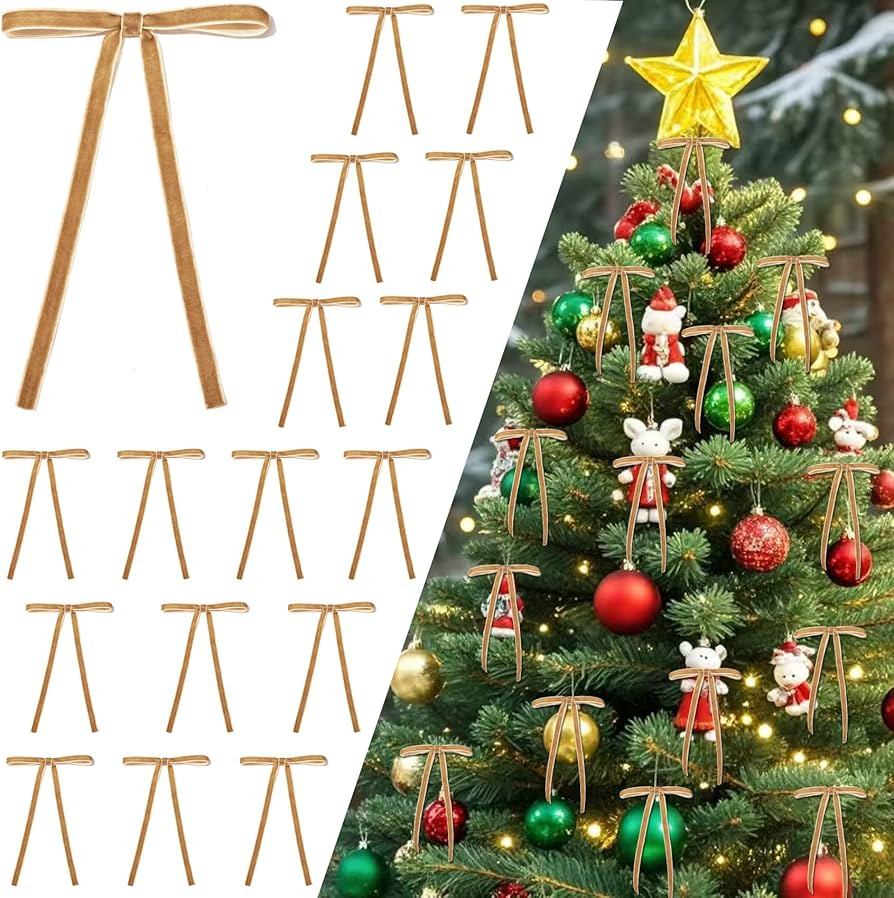 Spiritlele 30 Pcs Khaki Christmas Bows for Christmas Tree Velvet Ribbon Bow Knot Vintage Wreath B... | Amazon (US)