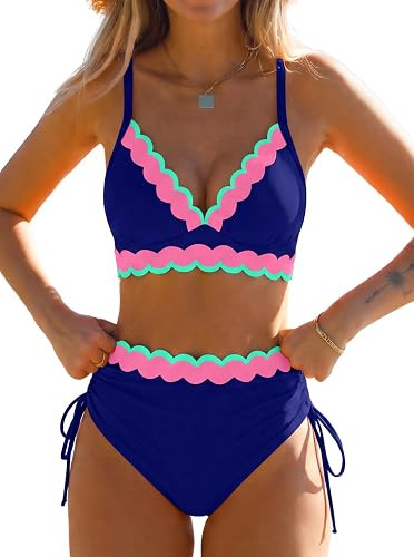 popvil Women's High Waisted Bikini Sets 2 Piece Scalloped Trim Swimsuit | Amazon (US)