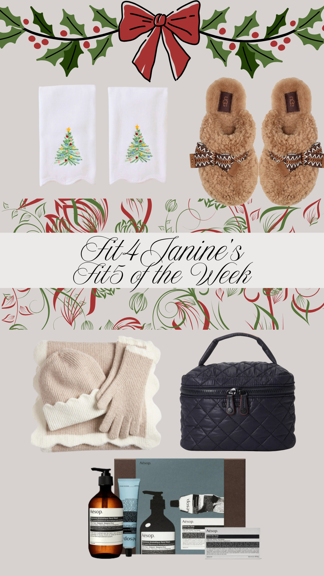 This week's "Fit5" kicks off the Holiday season with some super cute gift inspo! From hand towels and slippers, to staying cozy and organized, here are some of my current faves for so many on your list! 

Fit4Janine, Weezie Towels, Uggs, Scarf, Mittens, Beanie, MZ Wallace, Travel Bag, Cosmetic Bag, Aesop, Beauty Products 

 #LTKGiftGuide #LTKHoliday #LTKSeasonal