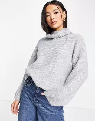 ASOS DESIGN sweater in rib with high neck in gray | ASOS (Global)