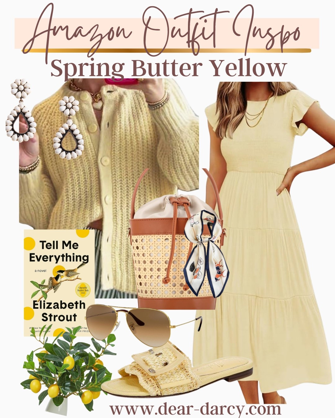 Amazon affordable outfit finds 
Trending 
Summer Butter Yellow

The cutest long dress with cap sleeve .
Cozy knit button up cardigan tts 

A great summer read- tell me everything 
Great sunglasses inspired by ray bands 

White beaded earrings on sale and look very designer inspired.

The cutest bucket came & leather bag 

Cute little scarf 

Butter yellow buckle slide sandals tts 
Silk lemon bush -cute in a pitcher 


#LTKSaleAlert #LTKStyleTip #LTKFindsUnder50