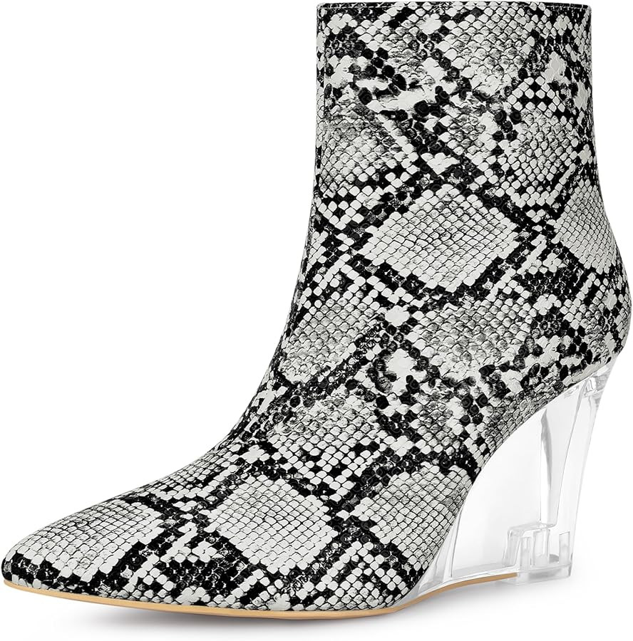 Allegra K Women's Snakeskin Printed Ankle Boots Pointed Toe Wedge Clear Heels Boots | Amazon (US)