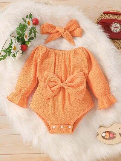 Baby Flounce Sleeve Bow Front Bodysuit & Headband | SHEIN