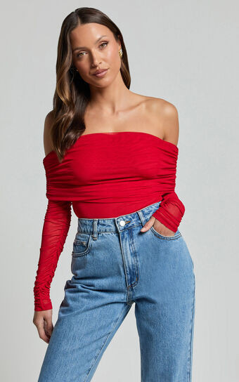 Jaythen Bodysuit - Long Sleeve Off Shoulder Ruched Mesh Bodysuit in Red | Showpo (US, UK & Europe)