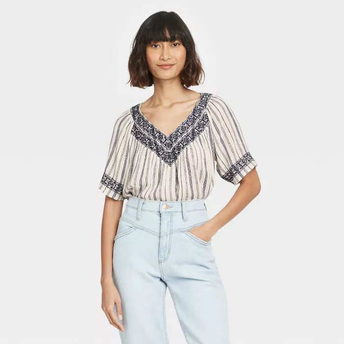 Women's Striped Short Sleeve Embroidered Top - Knox Rose™ Ivory | Target