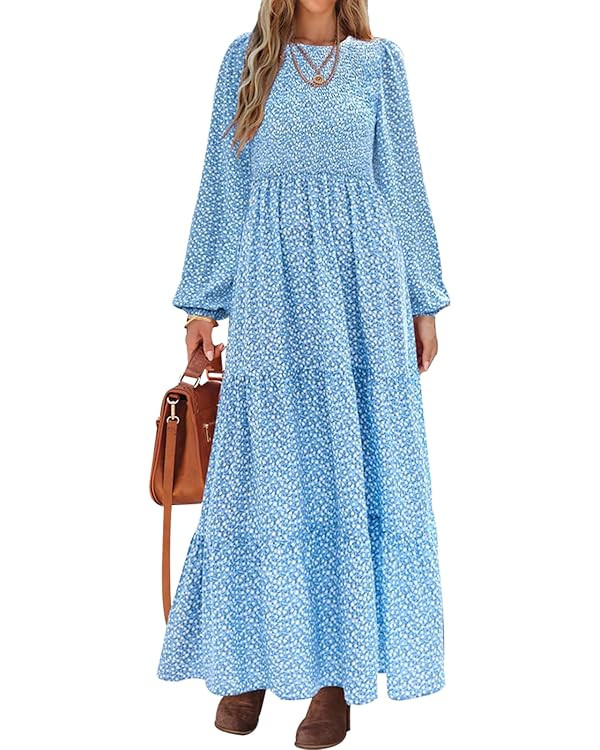 PRETTYGARDEN Women's Spring Dresses 2025 Long Sleeve Flowy Casual Floral Maxi Dress Crew Neck Smo... | Amazon (US)