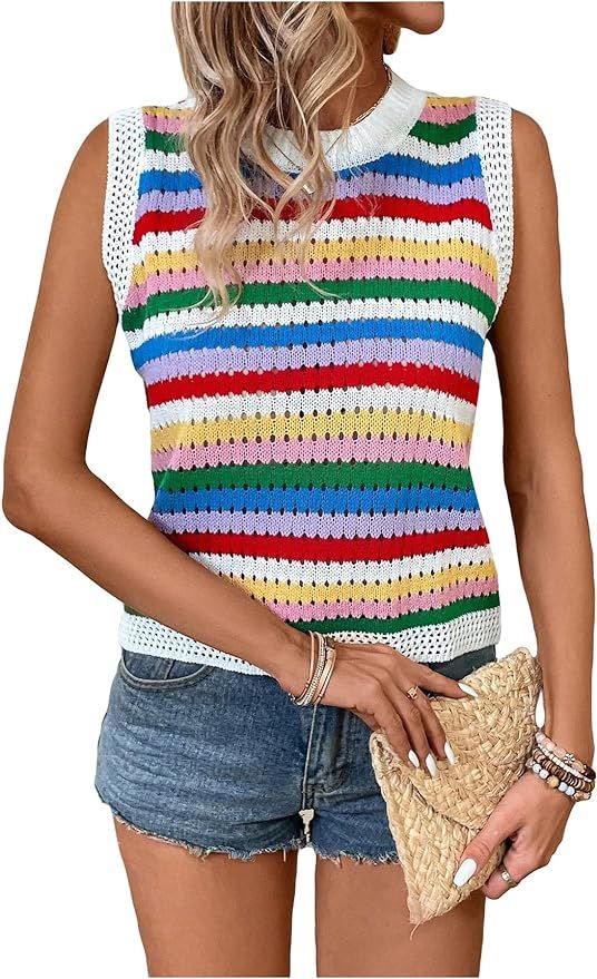 Verdusa Women's Hollow Out Crochet Open Knit Striped Round Neck Knit Tank Top Vest | Amazon (US)