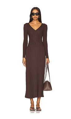 SOVERE Laced Long Sleeve Midi Dress in Chocolate from Revolve.com | Revolve Clothing (Global)