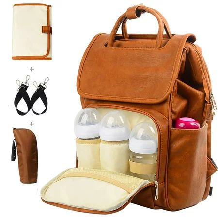 PU Leather Diaper Bag Backpack Maternity Nappy Maternity Backpack Changing Bags with Insulated Pocke | Walmart (US)