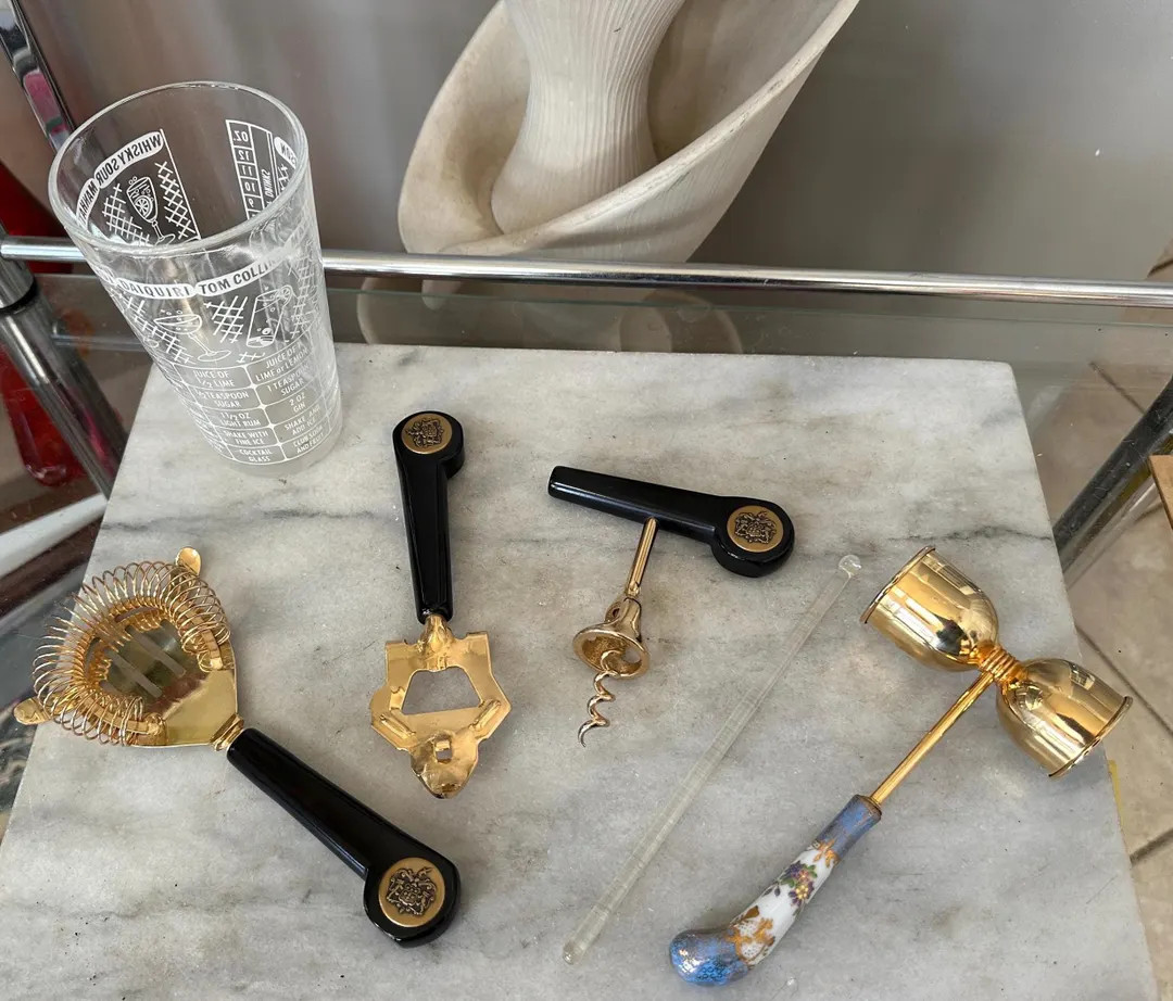 Vintage 6 Piece Barware Set Bartender's Glass Cocktail Shaker W Recipes Shaker, Mixing Rod, Strai... | Etsy (US)