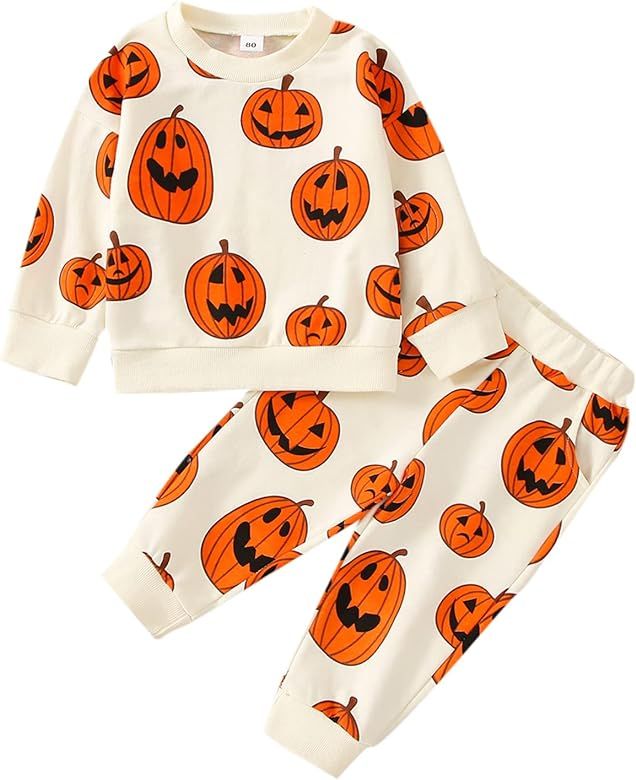 Toddler Baby Boy Halloween Outfits Cute Pumpkin Sweatshirt Top and Pant Set Infant Long Sleeve ... | Amazon (US)