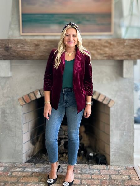 I love a good velour blazer for the holidays. Wearing size small. Also comes in green and also has matching trouser pants which I’ll link up, too! Code FANCY15 for 15% off the blazer, cami and headband  

#LTKSeasonal #LTKstyletip #LTKHoliday