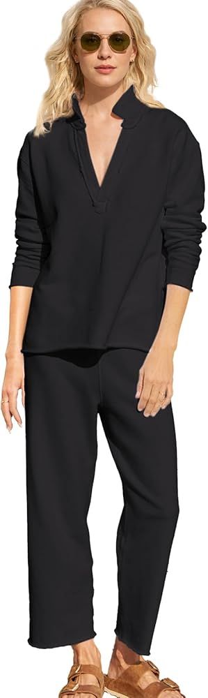 Ainangua Casual 2 Piece Sets for Women V Neck Long Sleeve Tops Wide Leg Pants Workout Outfits Fas... | Amazon (US)