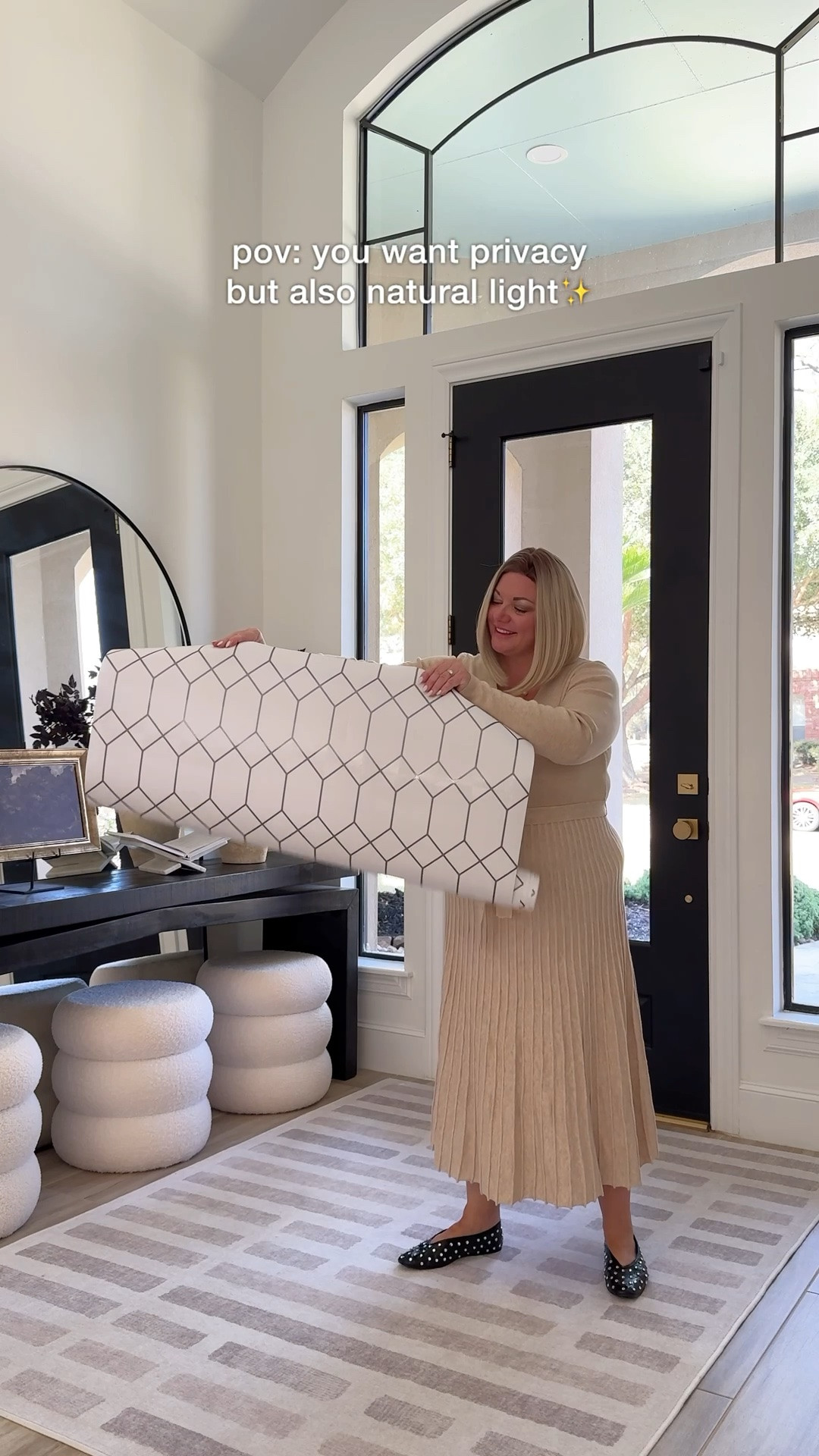 Transform your doors and windows in minutes with window film.  It’s easy to apply, durable, and looks like real leaded glass!  I always get asked if you can see in at night from the porch and the answer is - no!