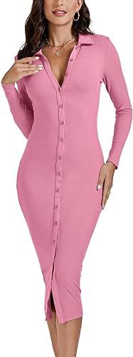 LYANER Women's Casual Ribbed Knit Button Down Collar V Neck Long Sleeve Bodycon Midi Dress | Amazon (US)