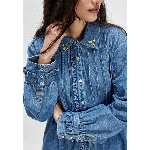 NWT Free People FP Robin Pintuck Denim Shirt Size L Embroidered Floral Boho | Poshmark