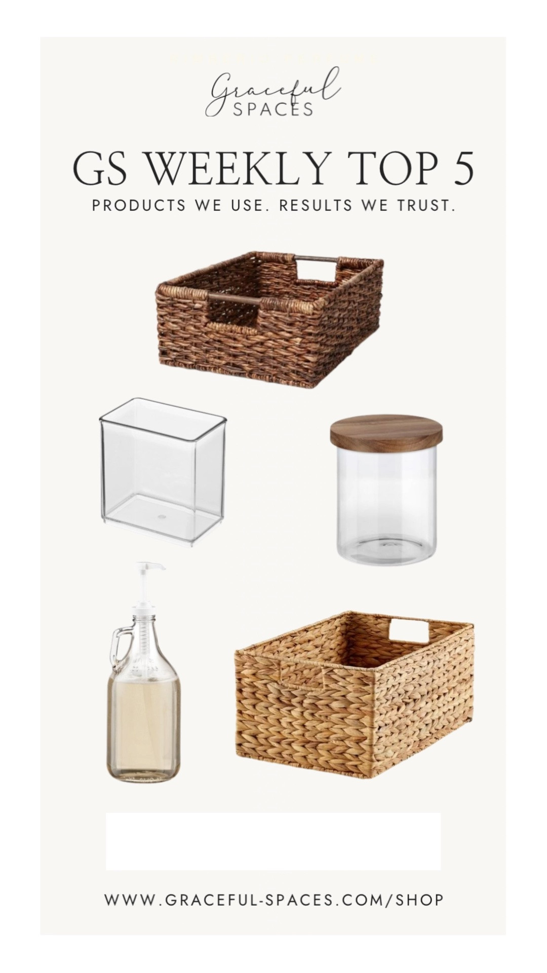 Happy Saturday! This week’s Top 5 includes abaca bins from Target, water hyacinth baskets, bin organizers, and a glass bottle with pump from The Container Store, and glass canisters from NEAT Method.

#LTKHome