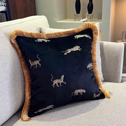 GELIVING Leopard Patterned Velvet Pillow Cover – Black Throw Pillow with Gold Fringe – Luxury Embroidered Cushion – Animal Print Home Décor | Amazon (US)
