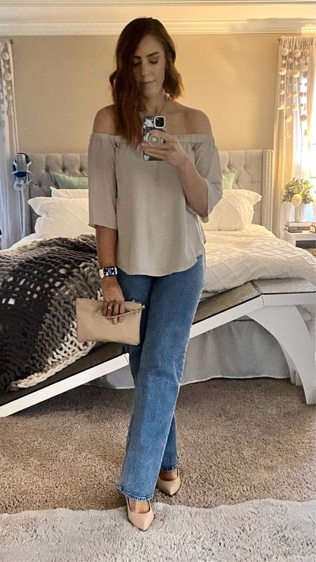 Chic date night outfit. Dressed up these Abercrombie high rise jeans with an off-shoulder top and some nude heels for the perfect date night look! 

#LTKmidsize #LTKfindsunder100 #LTKstyletip
