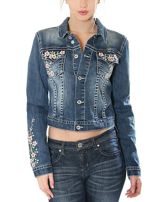 GRACE in LA Women's Denim Jackets blue - Medium Wash Floral Embroidered Denim Jacket - Women | Zulily