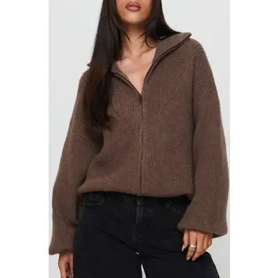 Princess Polly Herteford Zip Front Sweater in Brown at Nordstrom, Size Large | Nordstrom