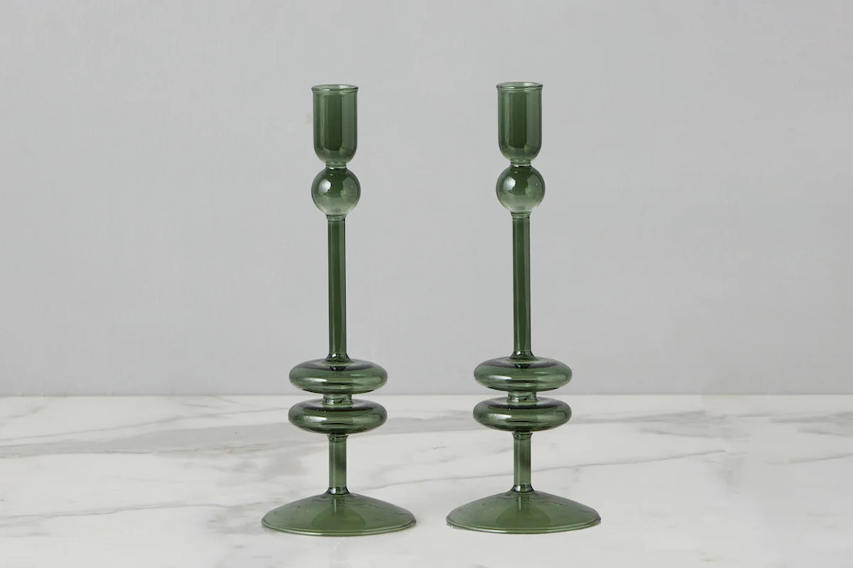 Emerald Glass Candlestick Pair, Medium | etúHOME