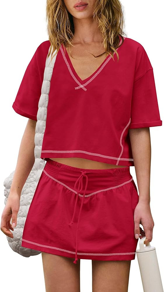 Nirovien Womens 2 Piece Workout Sets Summer Athletic Outfits Short Sleeve Crop Tops and Skirt wit... | Amazon (US)