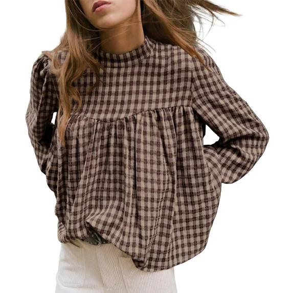 Women's Puff Long Sleeve Flowy Empire Waist Mock Neck Retro Blouses Business Casual Plaid Shirts ... | Walmart (US)