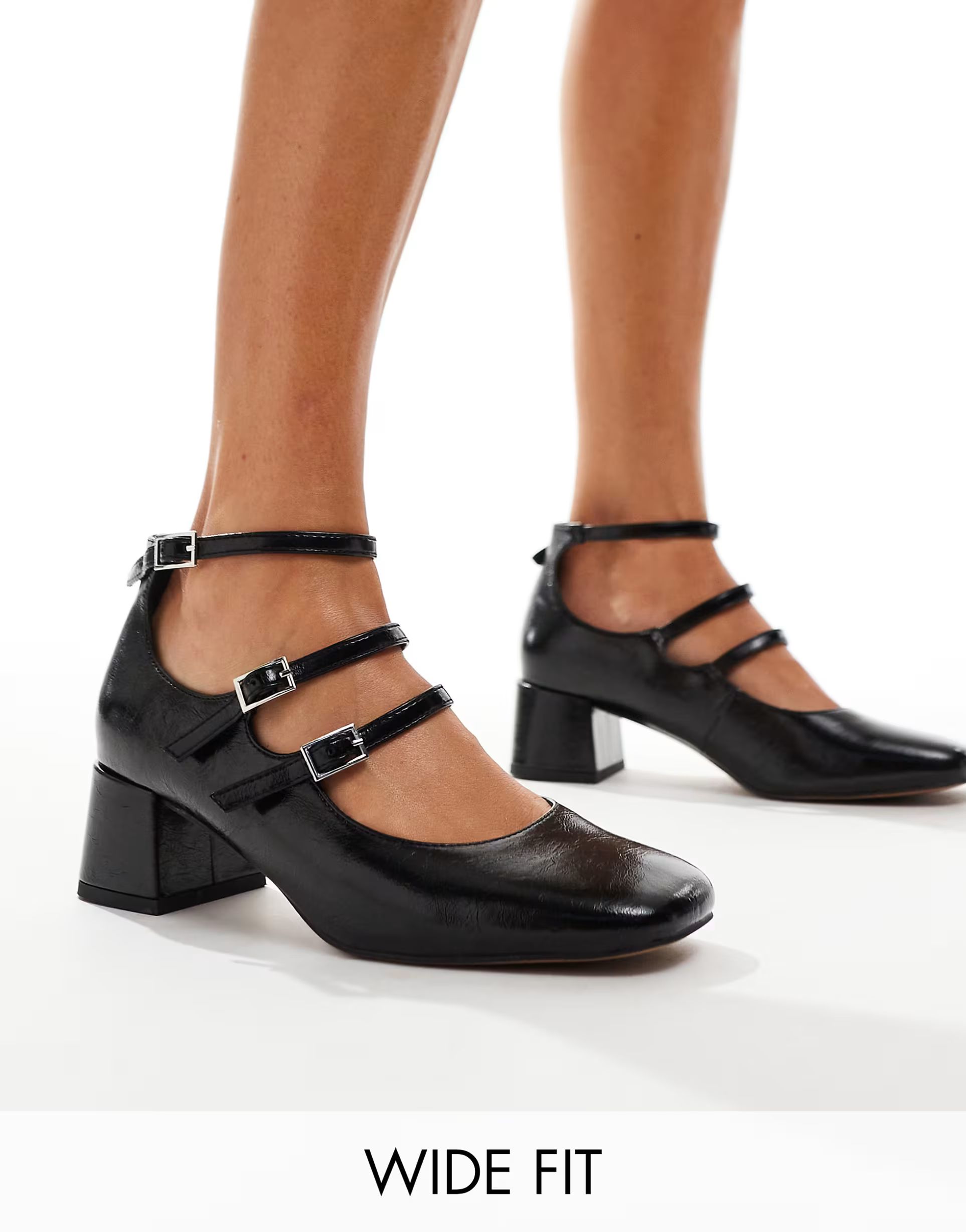 ASOS DESIGN Wide Fit Socco mid block heeled mary jane shoes in black | ASOS (Global)